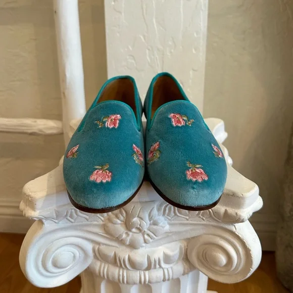 LoveShackFancy x Stubbs and Wootton Roses Slipper in Turquoise Blue Velvet - Picture 9 of 17